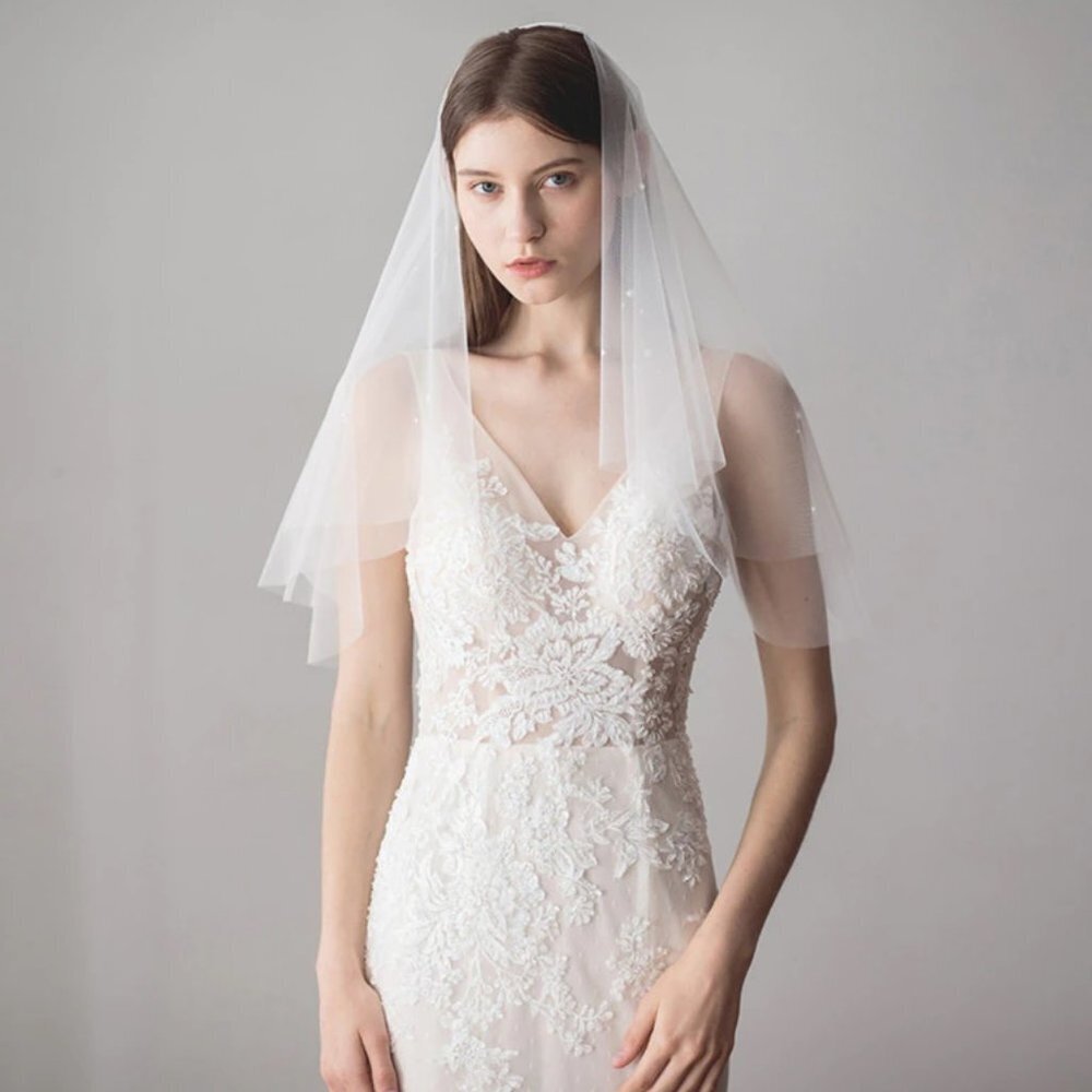Wedding veil white bride bridal pearls shoulder short elegant beautiful new
